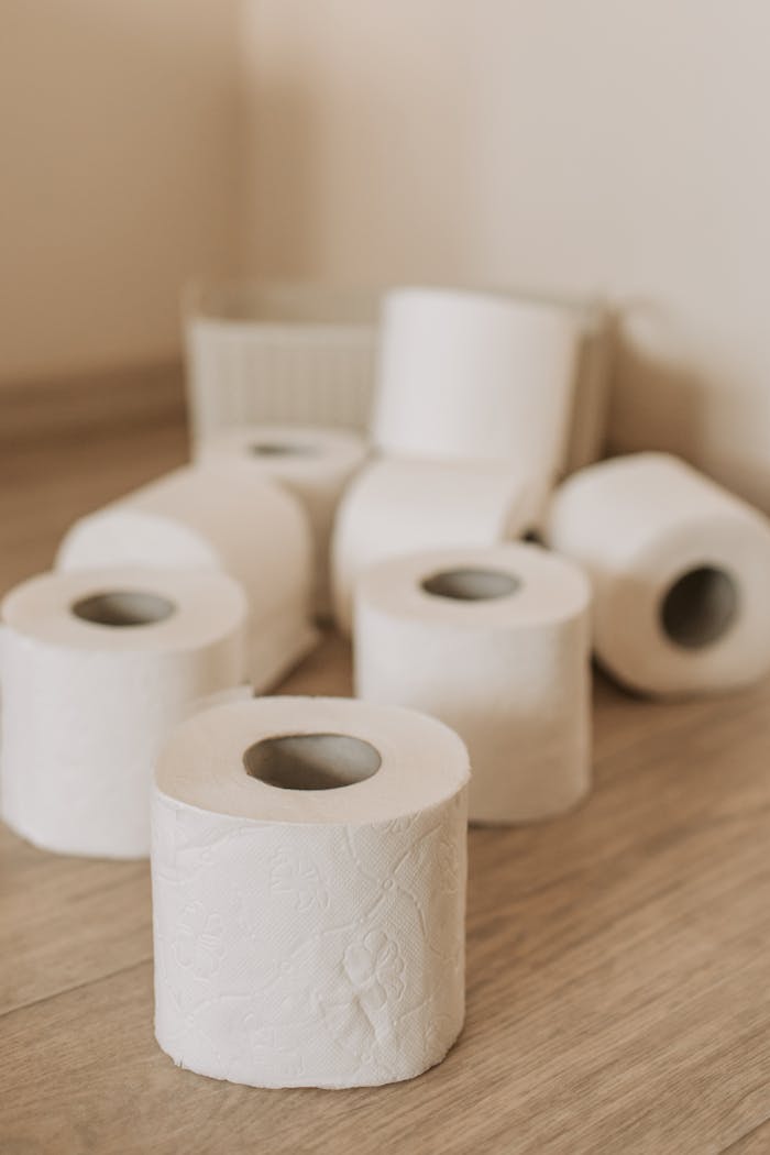 gallery-02 Multiple white toilet paper rolls scattered on a wooden floor indoors.